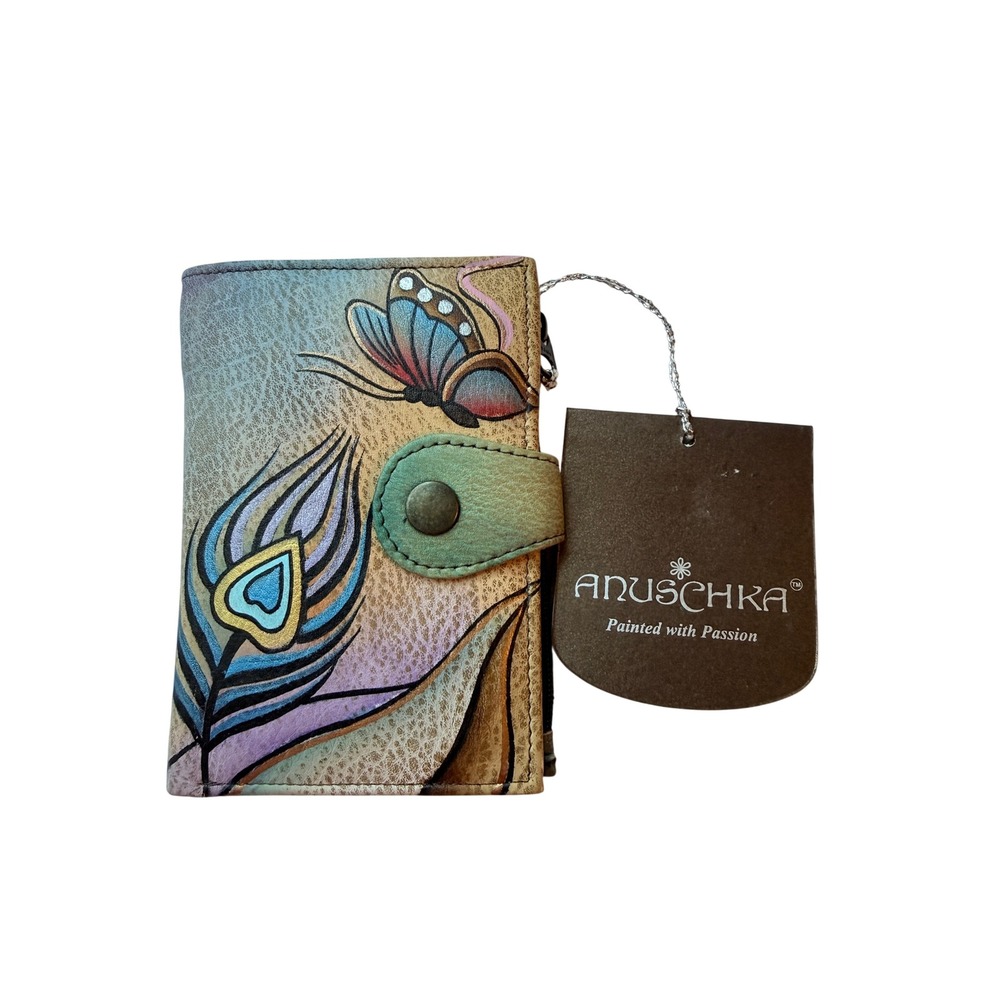 Anuschka Hand Painted Leather Wallet Butterfly Peacock Feather NWT